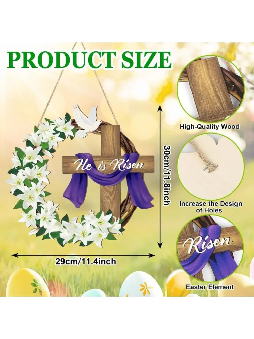 Easter Wooden Wreath for Front Door | Christian Cross Sign & Lily Flowers Decor